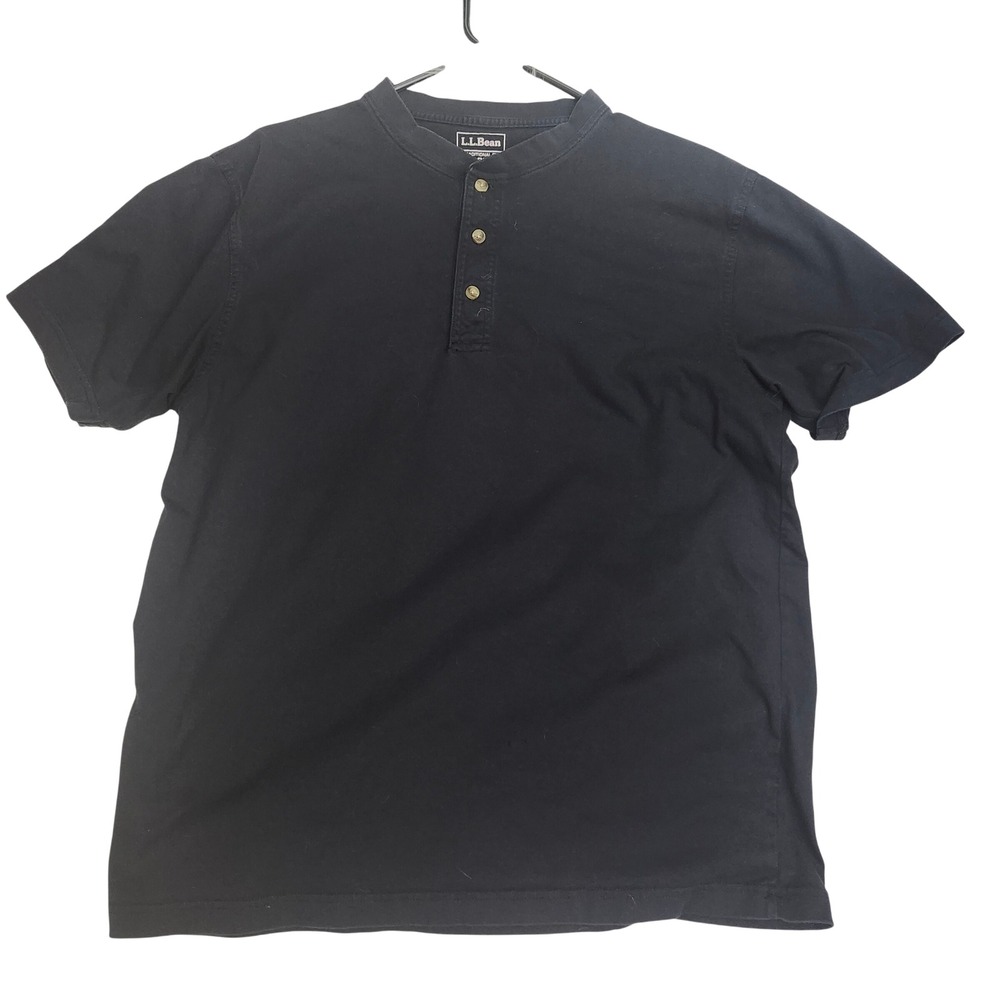 LL Bean Mens Henley Shirt Medium Regular Black Short Sleeve Cotton Rugged